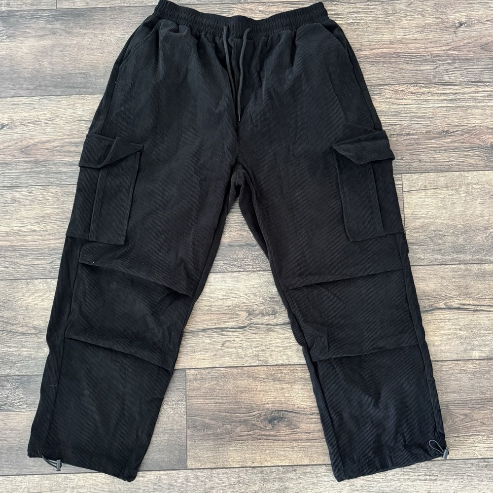 Corduroy Cargo Pants Drawstring Waist Relaxed Fit Casual Black - Picture 5 of 10